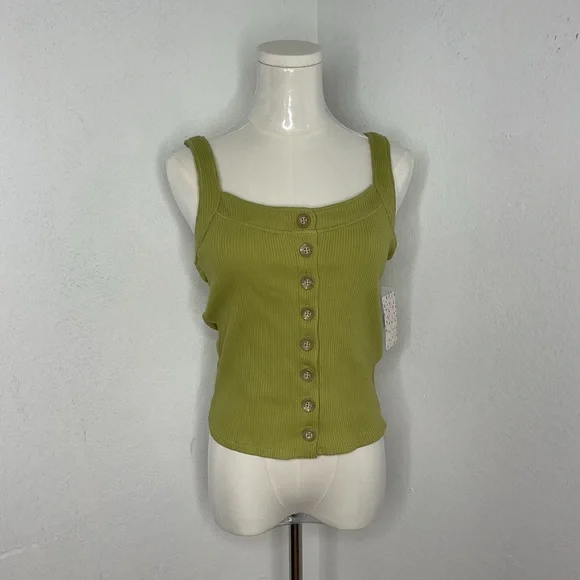 FREE PEOPLE Bridgette Ribbed Button Tank Green Cropped Cotton Summer Top M - Picture 3 of 10